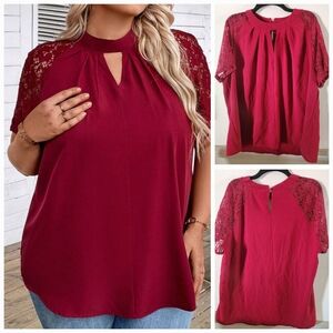 SHEIN Red Lace Sleeve Blouse